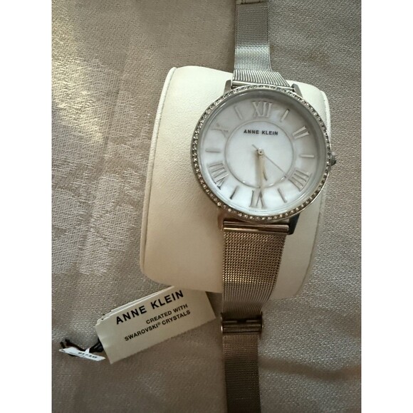 Anne Klein Womens Watch Silver Tone Mesh Bracelet MOP Dial Swarovski Crystals main image 6